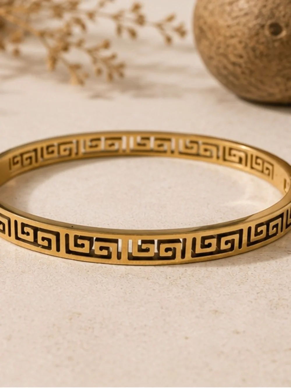 Designer Inspired Greek Key Gold Hinge Bangle | 💦Waterproof